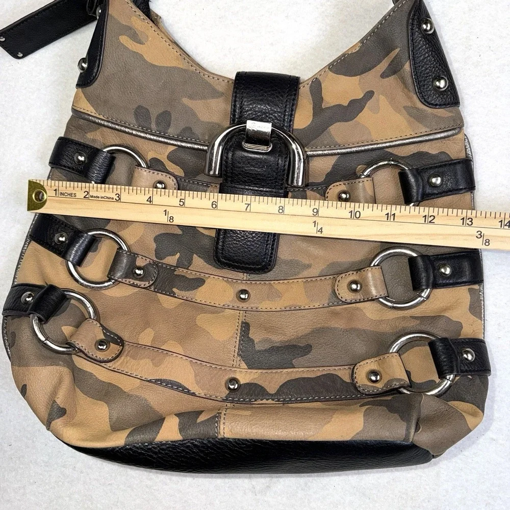 B Makowsky Camo Hobo Bag Black Leather Trim Silver Hardware Shoulder Purse